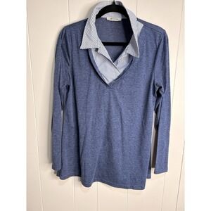 Sese Code Heather Blue Blouse with Blue/ White Pinstripe Collar Sz M